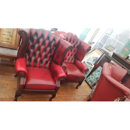 253 - Pair of Burgundy Leather Deep Button Upholstered Wingback Armchairs of Generous Form Good Condition