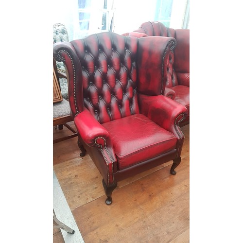 253 - Pair of Burgundy Leather Deep Button Upholstered Wingback Armchairs of Generous Form Good Condition