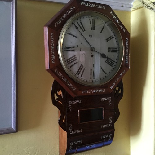 1386 - Early Victorian Figured Rosewood Wall Clock with Mother of Pearl Inlaid Decoration Approximately 2ft... 