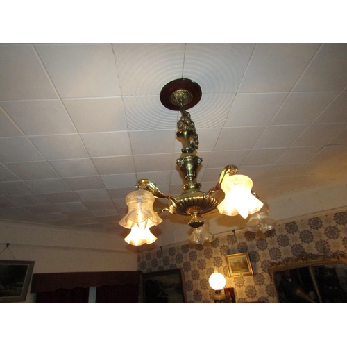 1933 - Cast Brass Chandelier Drawing Room Turned Form with Shades Electrified Working Order Approximately 3... 