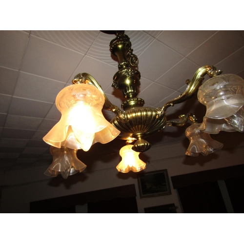 1933 - Cast Brass Chandelier Drawing Room Turned Form with Shades Electrified Working Order Approximately 3... 