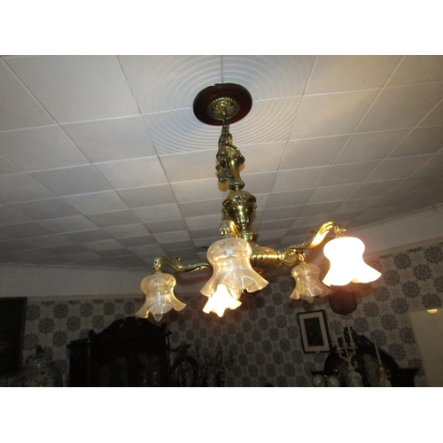 1933 - Cast Brass Chandelier Drawing Room Turned Form with Shades Electrified Working Order Approximately 3... 