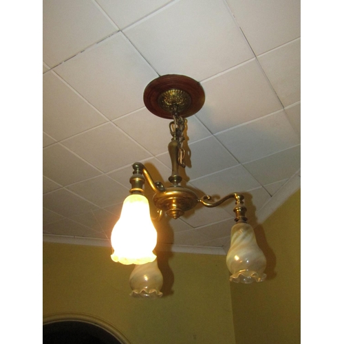 1934 - Cast Brass Chandelier Landing Turned Form with Shades Electrified Working Order Approximately 29 Inc... 