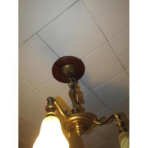 1934 - Cast Brass Chandelier Landing Turned Form with Shades Electrified Working Order Approximately 29 Inc... 