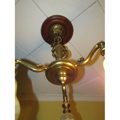 1934 - Cast Brass Chandelier Landing Turned Form with Shades Electrified Working Order Approximately 29 Inc... 