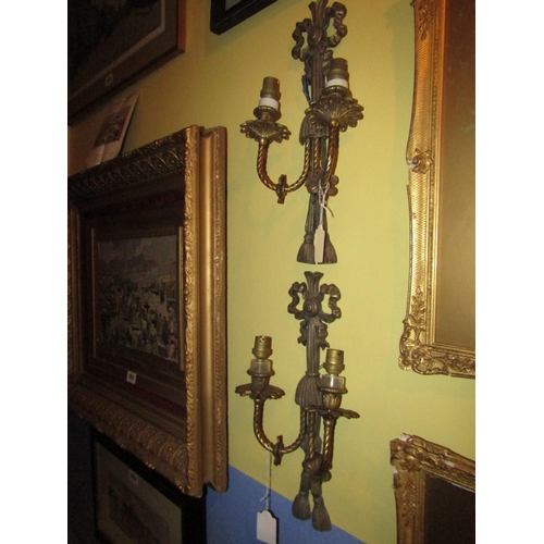 1940 - Pair of Antique Ormolu Side Wall Lights with Ribbon Motifs Each Approximately 14 Inches High