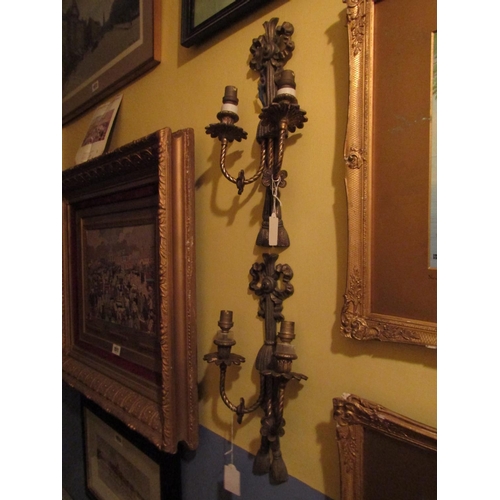 1940 - Pair of Antique Ormolu Side Wall Lights with Ribbon Motifs Each Approximately 14 Inches High