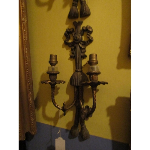 1940 - Pair of Antique Ormolu Side Wall Lights with Ribbon Motifs Each Approximately 14 Inches High