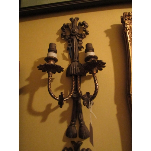 1940 - Pair of Antique Ormolu Side Wall Lights with Ribbon Motifs Each Approximately 14 Inches High