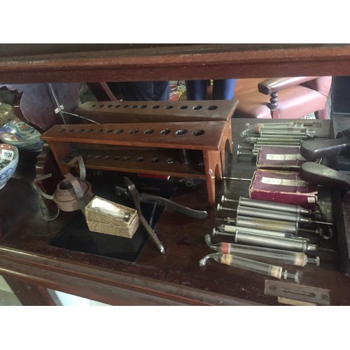 1946 - Shelf Various Antique Items Including Old Pill Compressors, Glass Syringes, etc Quantity as Photogra... 