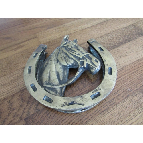 117 - Antique Cast Brass Equine Motif Lucky Horseshoe Door Knocker Approximately 4 Inches High