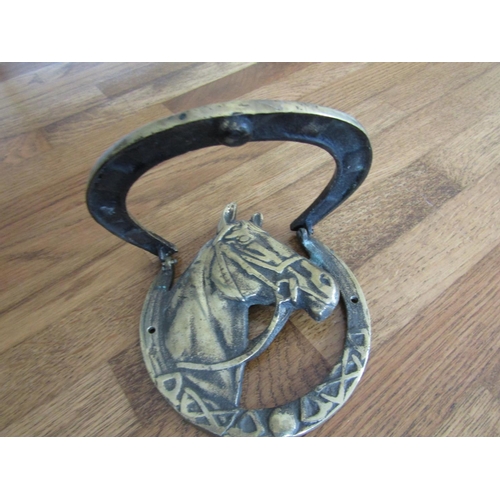 117 - Antique Cast Brass Equine Motif Lucky Horseshoe Door Knocker Approximately 4 Inches High