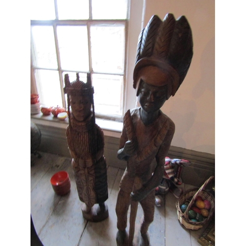 149 - Two Large Antique Carved Tribal Totems Tallest Approximately 3ft 6 Inches High Well Detailed