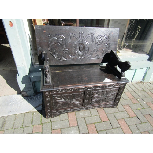 170 - Antique Monks Bench with Hinged Table Top and Hinged Seat Revealing Cupboard Beneath Well Carved App... 