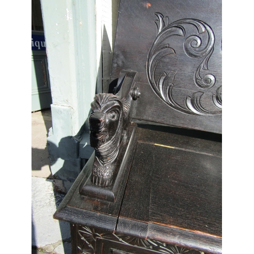 170 - Antique Monks Bench with Hinged Table Top and Hinged Seat Revealing Cupboard Beneath Well Carved App... 