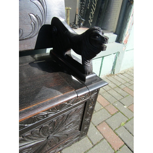 170 - Antique Monks Bench with Hinged Table Top and Hinged Seat Revealing Cupboard Beneath Well Carved App... 