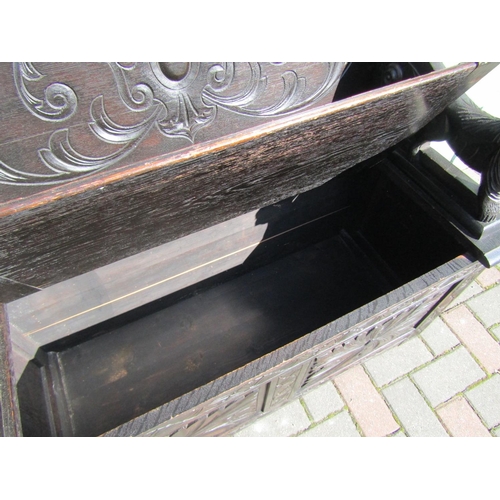 170 - Antique Monks Bench with Hinged Table Top and Hinged Seat Revealing Cupboard Beneath Well Carved App... 