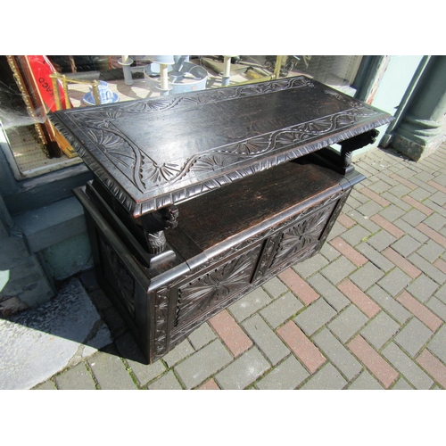 170 - Antique Monks Bench with Hinged Table Top and Hinged Seat Revealing Cupboard Beneath Well Carved App... 