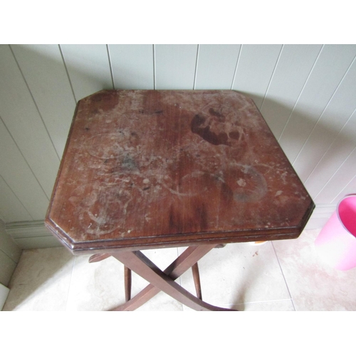 195 - Edwardian Mahogany Cricket Table Canted Corners above Folding Base Approximately 14 Inches Square x ... 