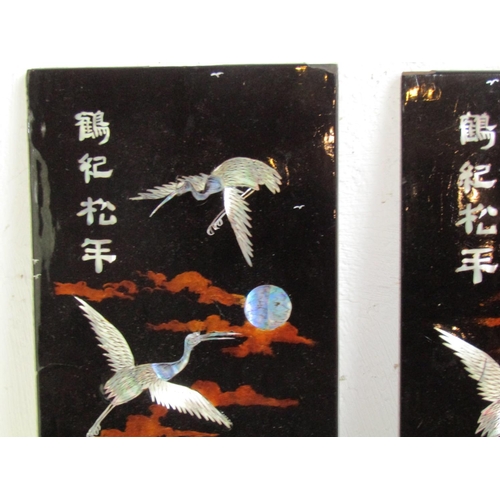 213 - Pair of Oriental Lacquerwork Panels with Mother of Pearl Decoration Depicting Storks in Flight Each ... 