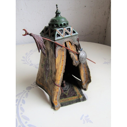 217 - Austrian Cold Painted Bronze Sculpture of Arabian Tent with Arab within Resting on Persian Carpet Fi... 