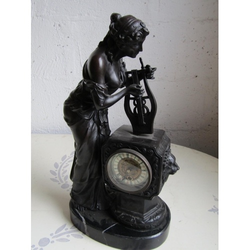 219 - Bronze Clock Depicting Classical Lady with Lyre Roman Numeral Decorated Dial Working Order Approxima... 