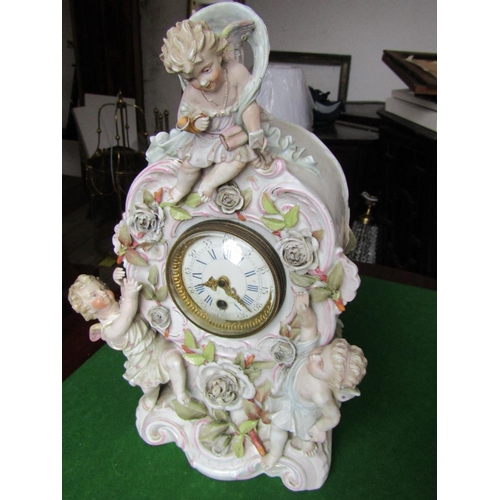 232 - Porcelain Clock with Figural Decoration Ormolu  Bound Dial Roman Numeral Decorated Approximately 14 ... 