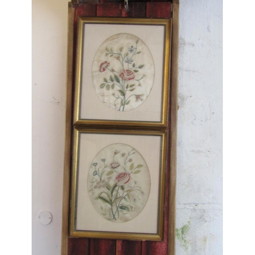 233 - Pair of Antique Silkwork Pictures Oval Form with Wild Flowers Contained within Gilded Frame Each App... 