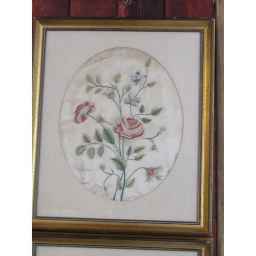 233 - Pair of Antique Silkwork Pictures Oval Form with Wild Flowers Contained within Gilded Frame Each App... 