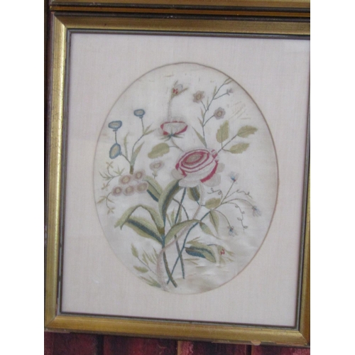 233 - Pair of Antique Silkwork Pictures Oval Form with Wild Flowers Contained within Gilded Frame Each App... 