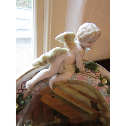 267 - Victorian Porcelain Table Mirror Oval Form with Cupid Decoration Approximately 11 Inches High