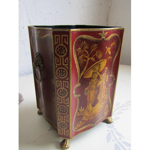 77 - Pair of Red Ground Gilt Decorated Jappaned Shaped Form Waste Paper Baskets with Lionhead Motif Ring ... 