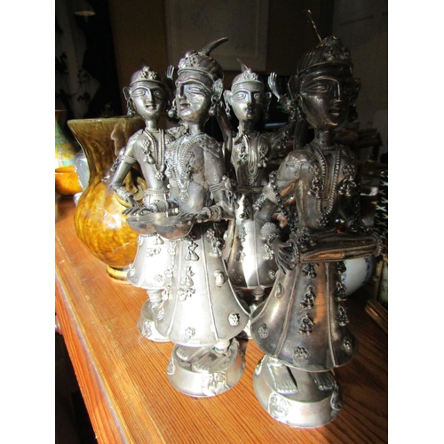 110 - Unusual Set of Four Silver Figures Musicians Possibly Persian Each Approximately 9 Inches High