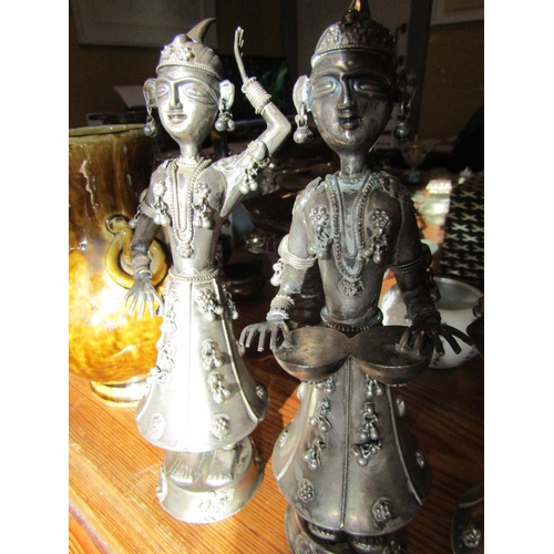 110 - Unusual Set of Four Silver Figures Musicians Possibly Persian Each Approximately 9 Inches High