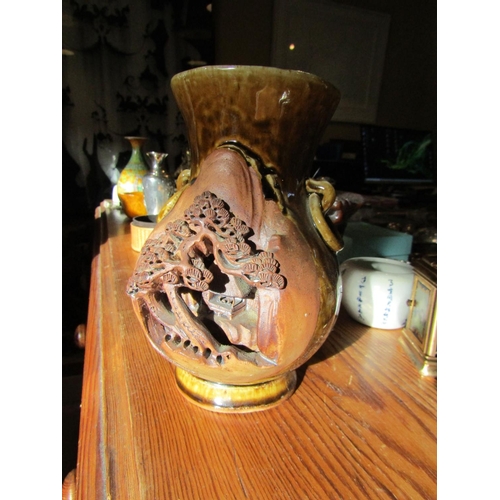 111 - Reticulated Carved Brown Earthenware Vase Approximately 8 Inches High