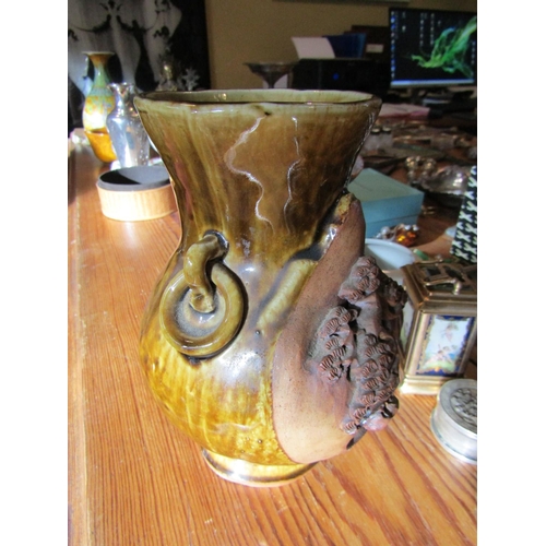 111 - Reticulated Carved Brown Earthenware Vase Approximately 8 Inches High