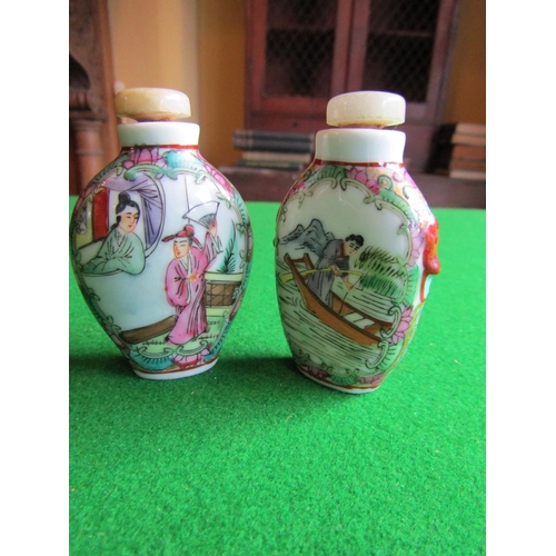 114 - Two Canton Fine Bone Porcelain Snuff Bottles with Stoppers Each Approximately 3 Inches High