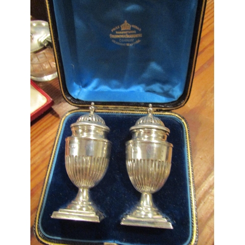 493 - Pair of Antique Silver Salt and Peppers of Fluted Pedestal Form Contained within Original Presentati... 