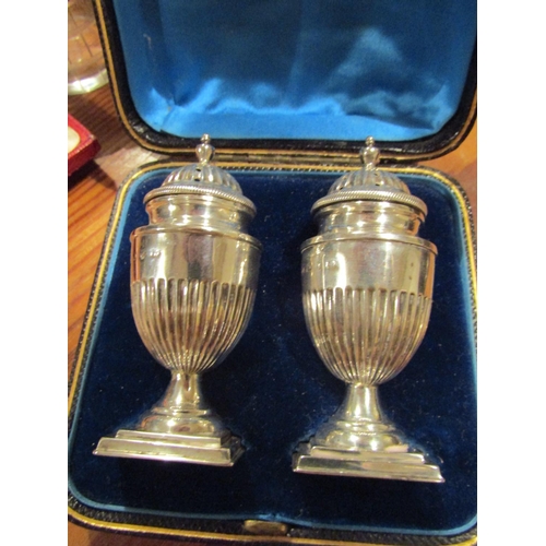 493 - Pair of Antique Silver Salt and Peppers of Fluted Pedestal Form Contained within Original Presentati... 