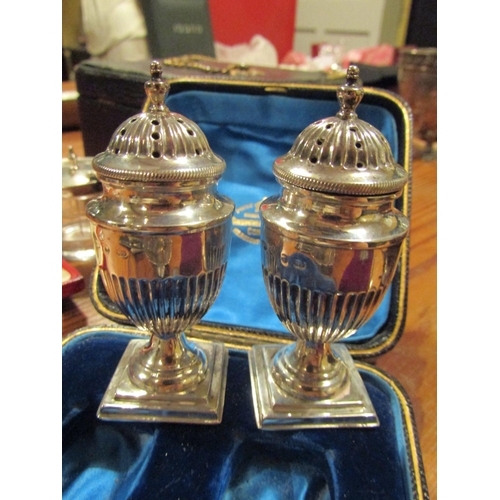 493 - Pair of Antique Silver Salt and Peppers of Fluted Pedestal Form Contained within Original Presentati... 