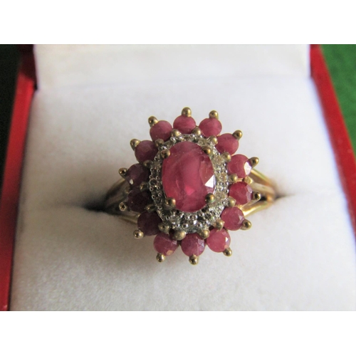 494 - 9 Carat Yellow Gold Ruby and Diamond Cluster Ring Size M