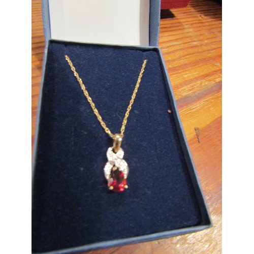 498 - Ruby Set Diamond Decorated Ladies Pendant Necklace Mounted on 9 Carat Yellow Gold