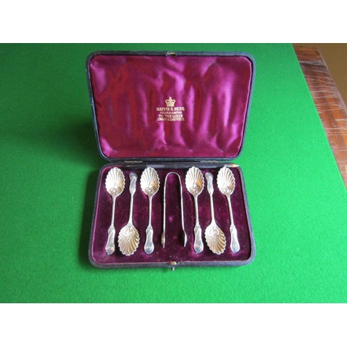 506 - Set of Six Antique Solid Silver Shell Form Sugar Spoons and Matching Sugar Tongs by Mappin and Webb ... 