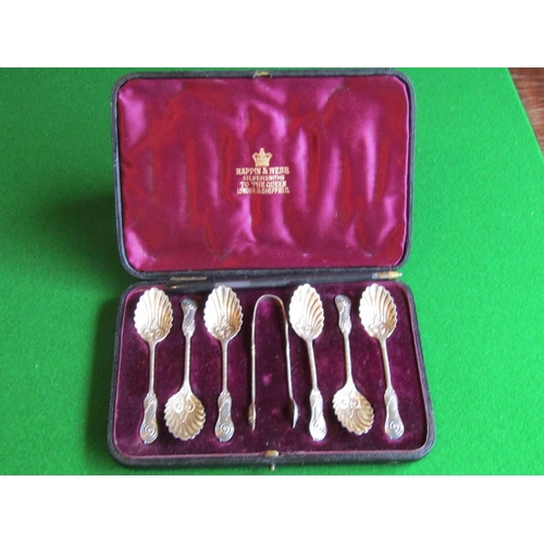 506 - Set of Six Antique Solid Silver Shell Form Sugar Spoons and Matching Sugar Tongs by Mappin and Webb ... 