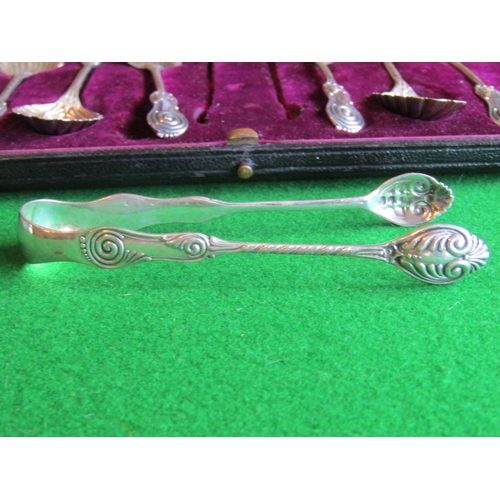 506 - Set of Six Antique Solid Silver Shell Form Sugar Spoons and Matching Sugar Tongs by Mappin and Webb ... 