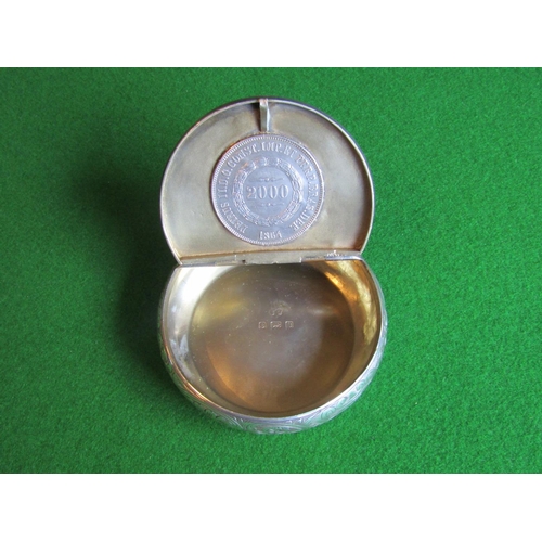 530 - Silver Hinged Top Pill Box Hallmarked Inset Coin to Cover Circular Form Approximately 2 Inches Diame... 