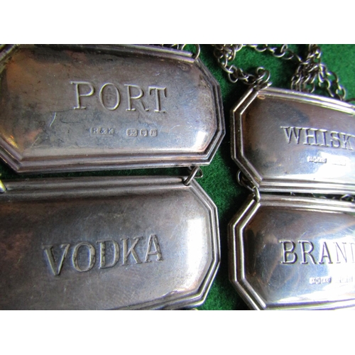 532 - Set of Six Antique Silver Decanter Labels Port, Vodka, Brandy, Sherry, Gin and Whisky Good Condition... 