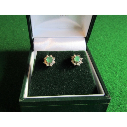 533 - Pair of Platinum Set Emerald and Diamond Cluster Earrings Central Oval Cut Emerald Surrounded by Eig... 