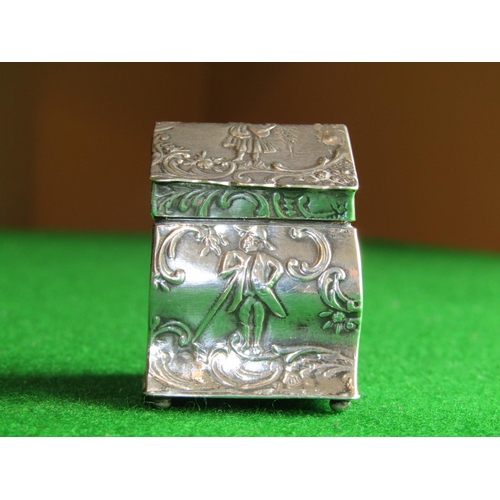 534 - Solid Silver Figural Decorated Hinge Top Pill Box with Sporting Gentlemen to Tops and Sides