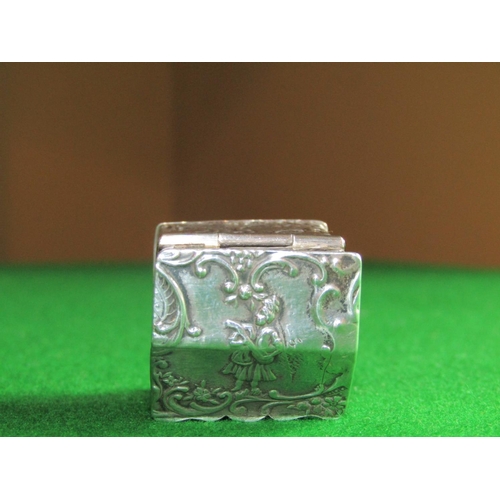 534 - Solid Silver Figural Decorated Hinge Top Pill Box with Sporting Gentlemen to Tops and Sides